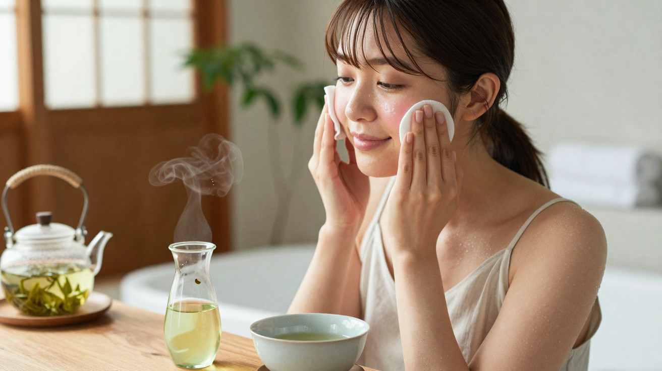 Young woman gently cleansing her face with cotton pads at a wooden table with tea set.