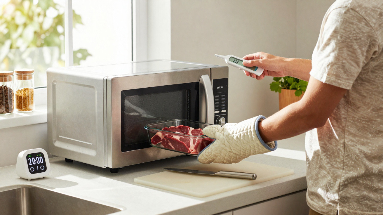 Person wearing oven mitts placing a glass dish with raw meat into a microwave, holding a food thermometer.