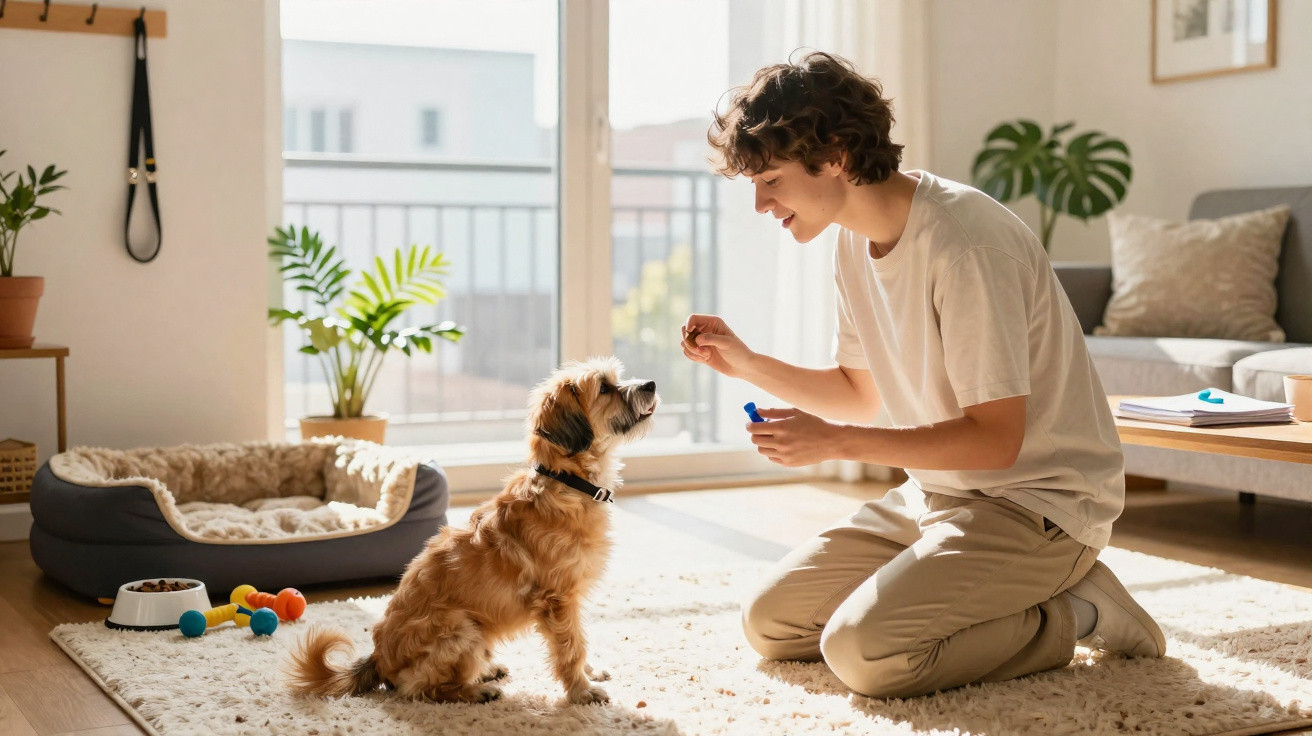 Young man kneeling on carpet training small brown dog with treat in bright living room.