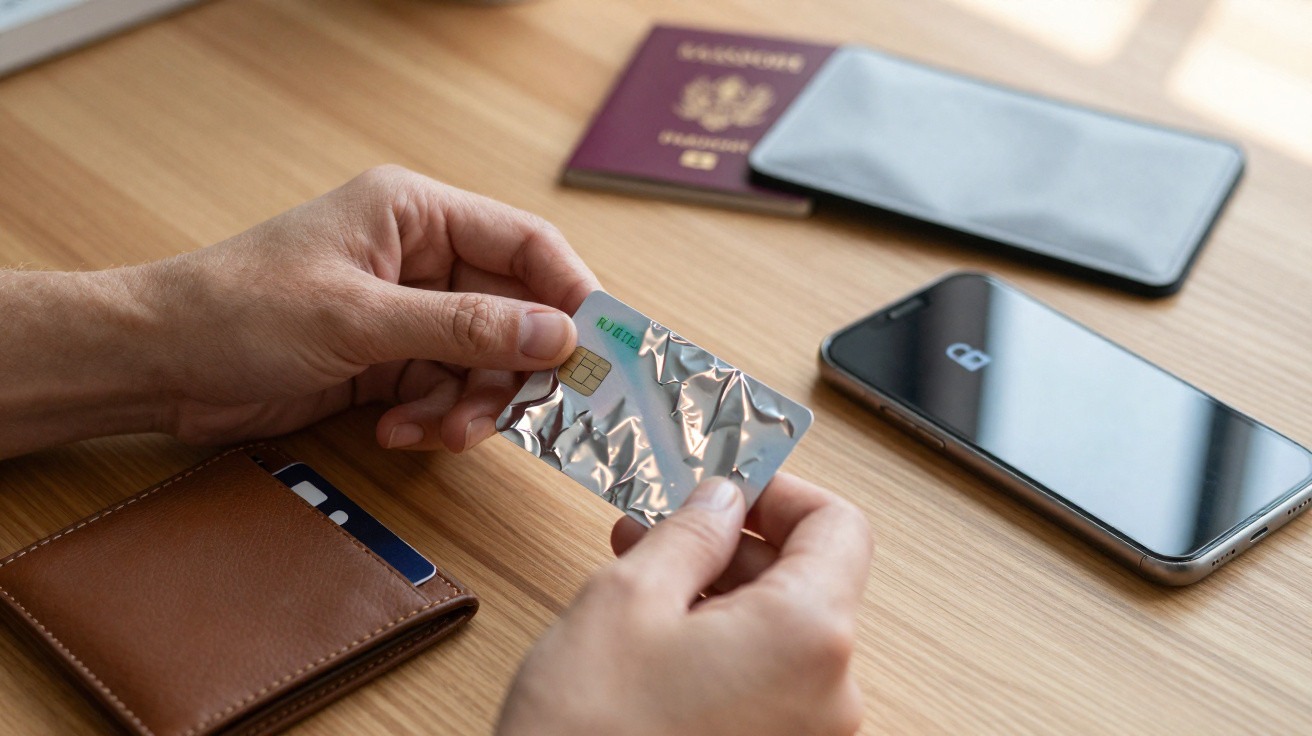 Hands holding a crumpled credit card with wallet, smartphone, and passport on a wooden table.