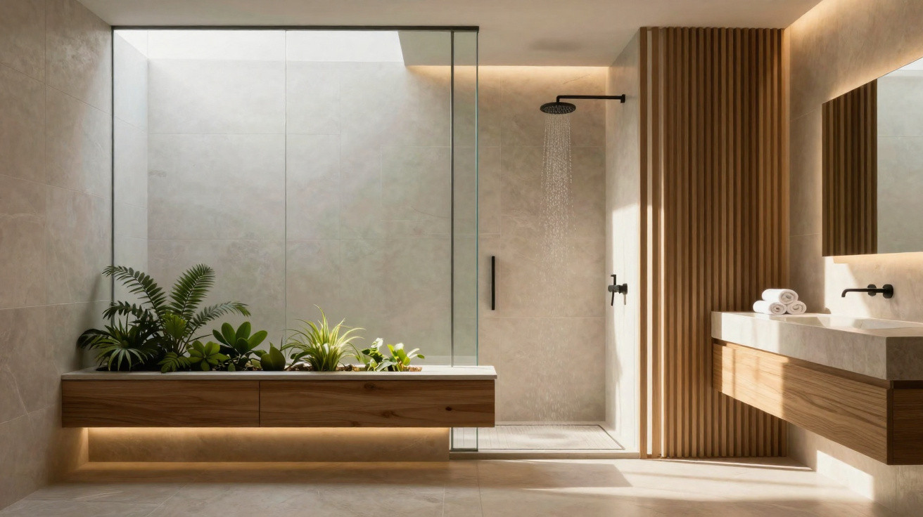 Modern bathroom with walk-in shower, floating wooden vanity, large mirror, and plants under natural light.