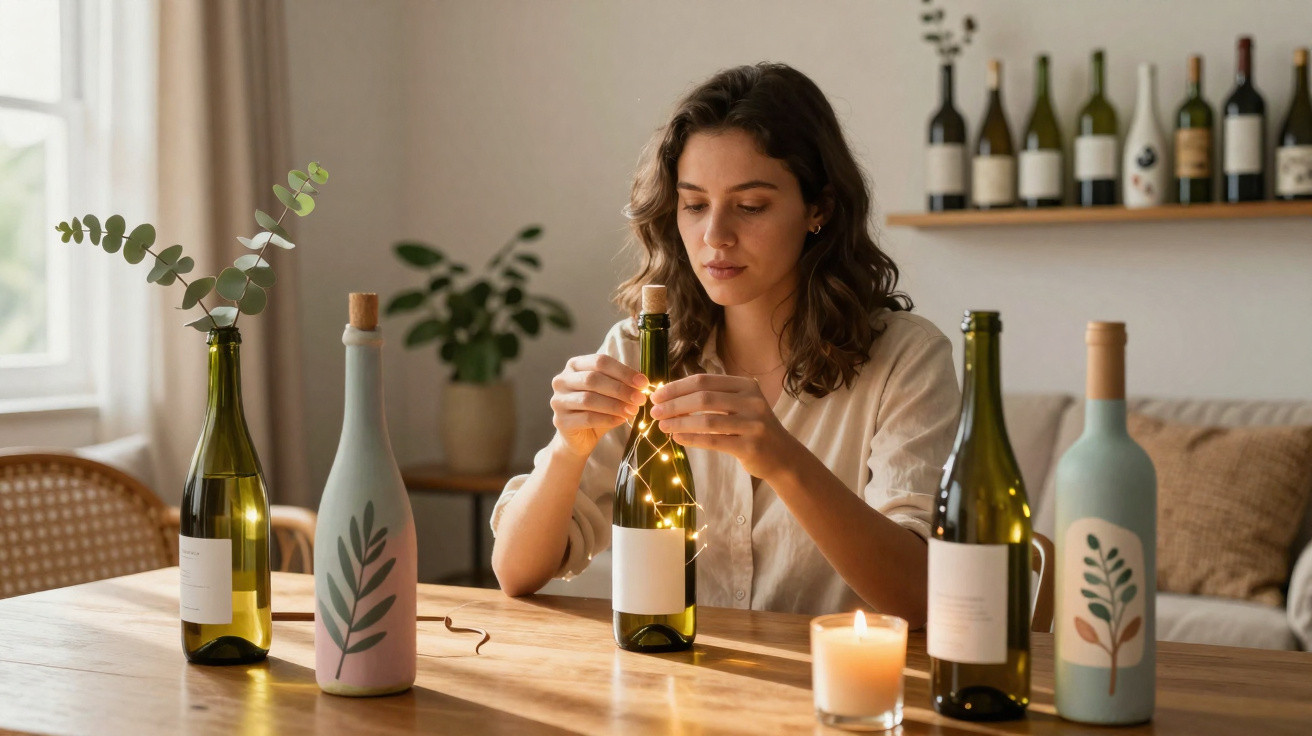 Woman decorating a wine bottle with string lights at a wooden table surrounded by decorated bottles and a lit candle.