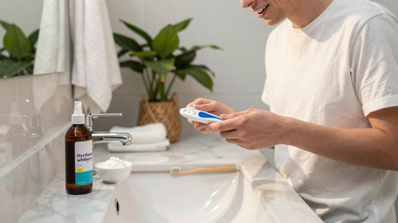 Man in white t-shirt reading a pregnancy test in a modern bathroom with plants and toiletries on the sink.