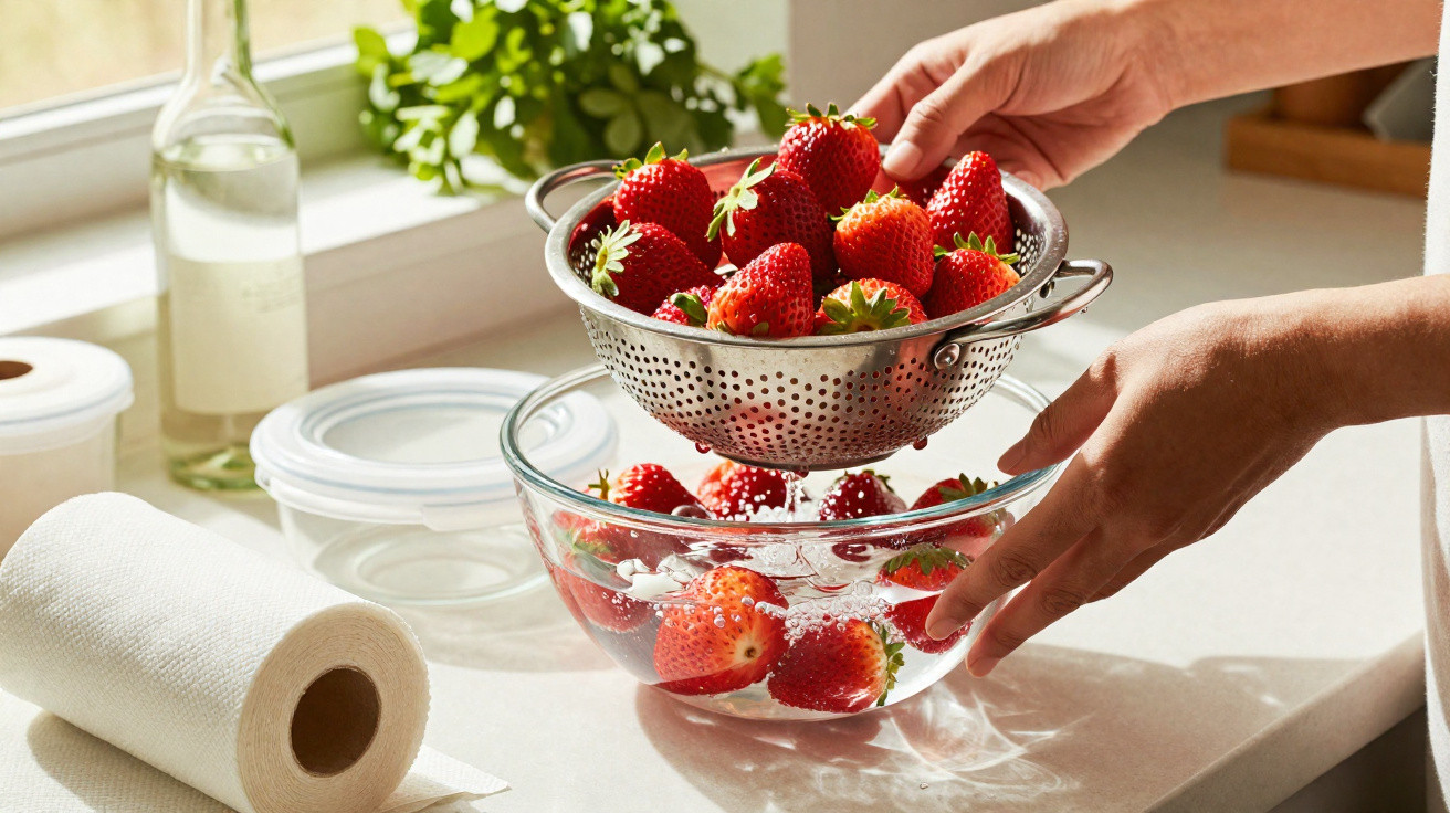 Hands holding a metal colander with strawberries above a glass bowl with water on a kitchen counter.