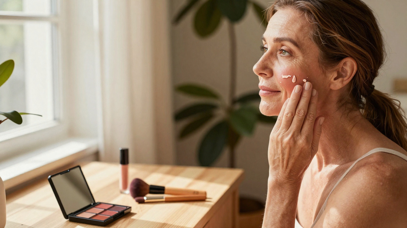 Mature woman applying cream to her face sitting by a wooden table with makeup near a window.