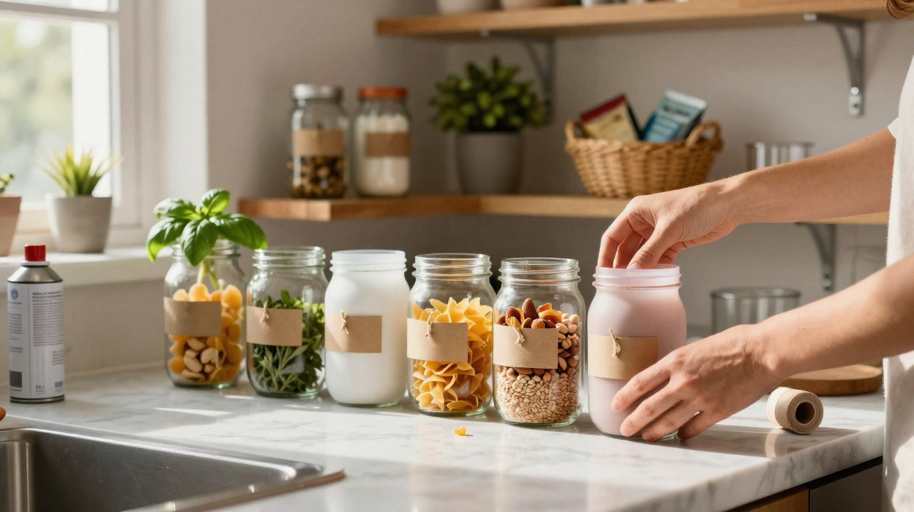 Person organising labelled glass jars with pasta, grains, and herbs on a kitchen counter near a window.