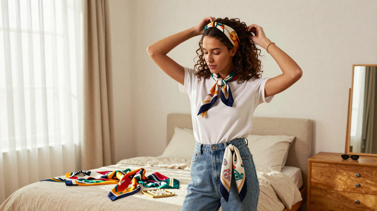 Young woman adjusting colourful scarf in bedroom with bed, window, and wooden dresser in background
