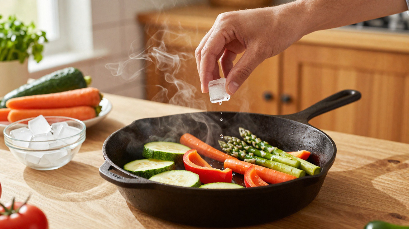 Hand sprinkling salt cube over steaming vegetables in a cast iron frying pan on wooden kitchen counter.