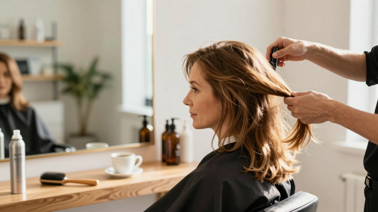 Woman sitting in a salon chair having her shoulder-length hair combed by a hairstylist.