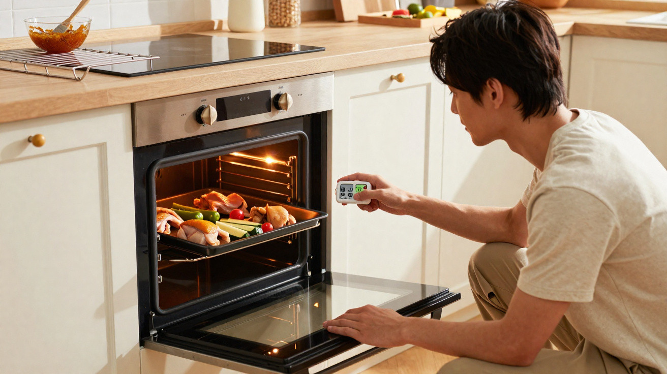 Person checking meat and vegetables cooking in a modern oven using a digital meat thermometer in a kitchen.