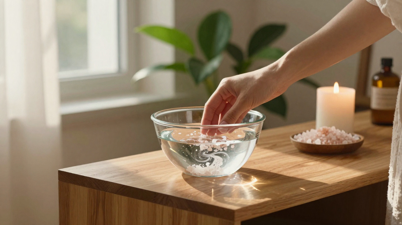 Hand dipping fingers into a bowl of water on a wooden surface with a lit candle and bath salts nearby.