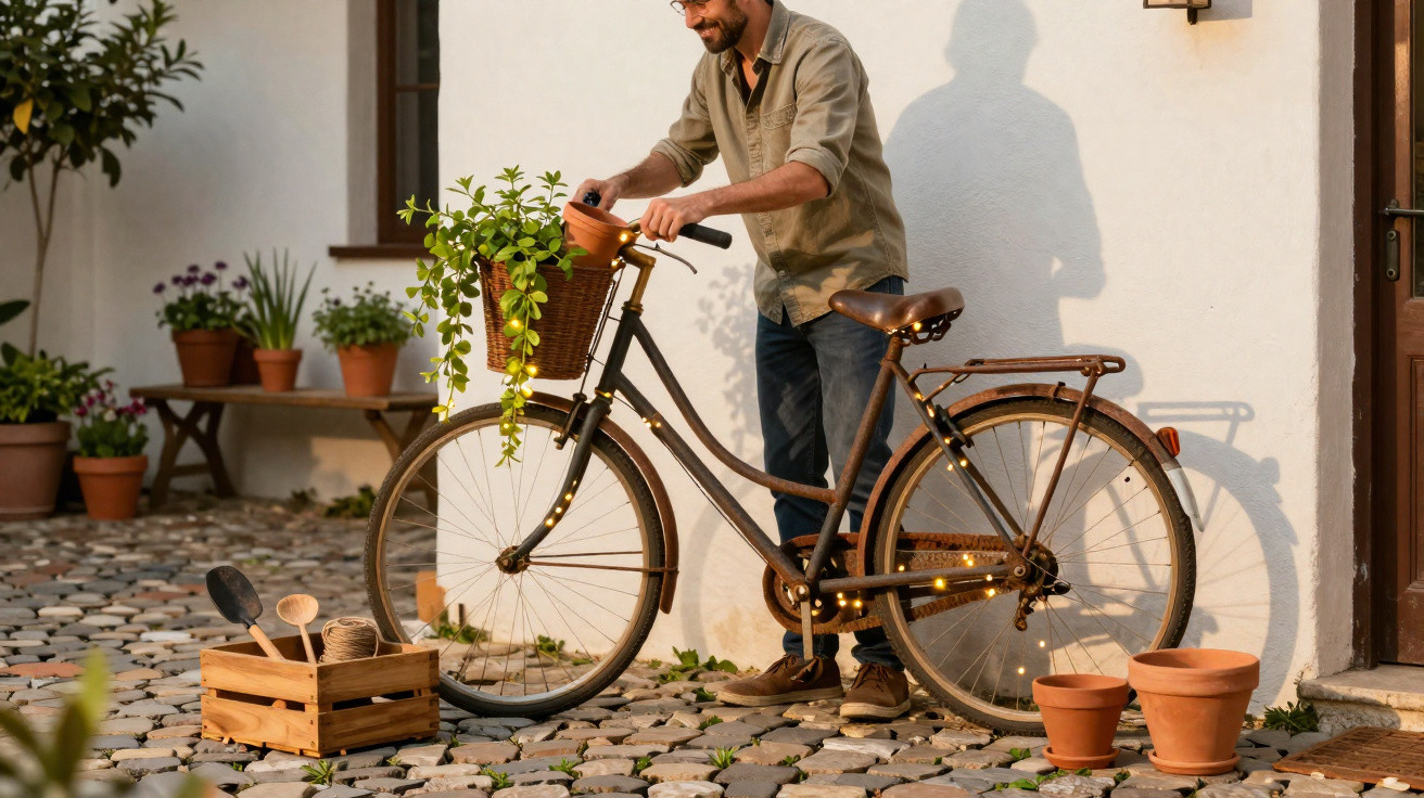 Man tending to plants in a basket on a vintage bicycle outside a house with cobblestone pavement.