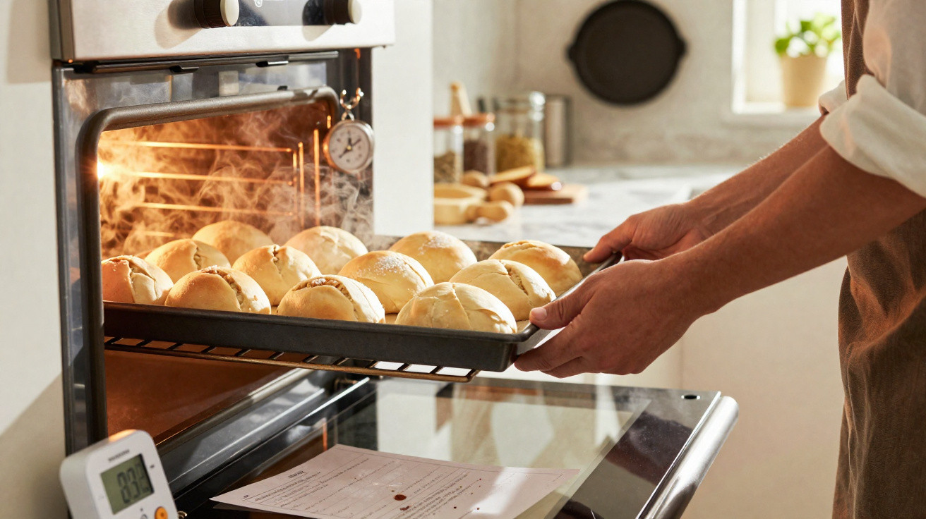 Person removing a tray of freshly baked bread rolls steaming hot from an oven in a kitchen.