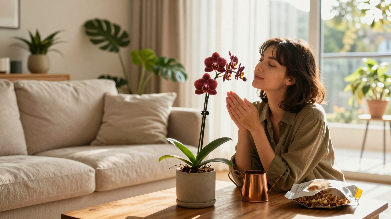 Woman sitting at a table indoors, admiring a blooming orchid plant with a watering can and snack nearby.