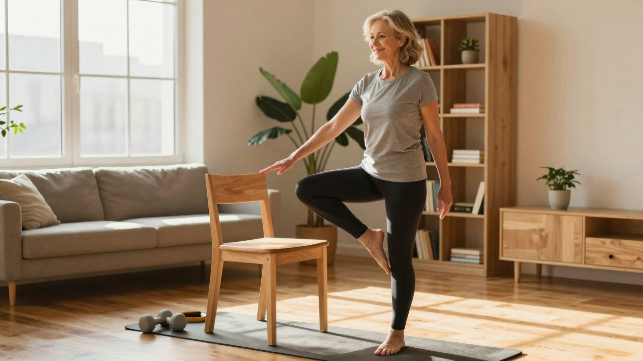 Mature woman balancing on one leg using a wooden chair for support while exercising at home.