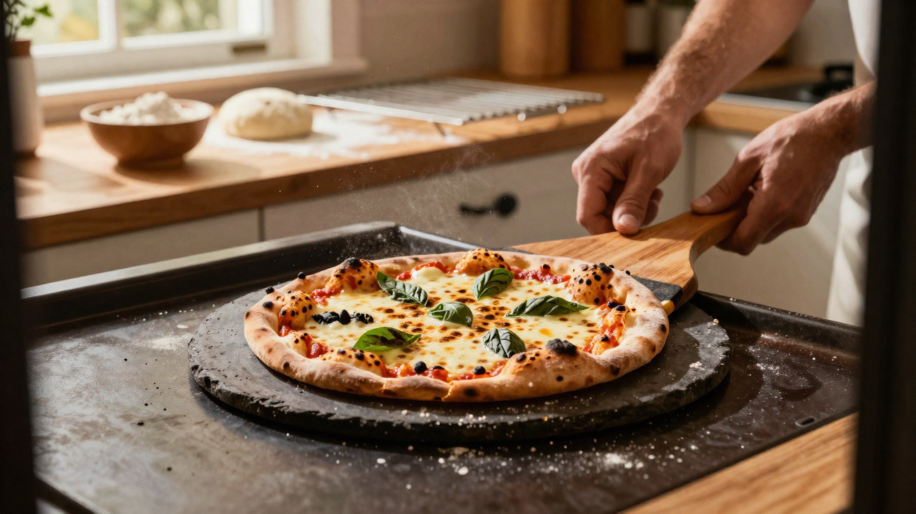 Freshly baked Margherita pizza with basil leaves on a pizza stone being removed by a wooden peel.