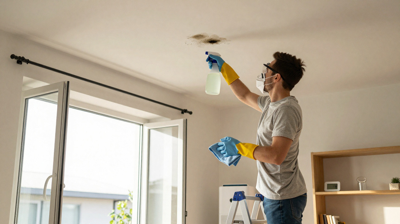 Man wearing gloves and mask cleaning mould on a white ceiling near an open window in a living room.