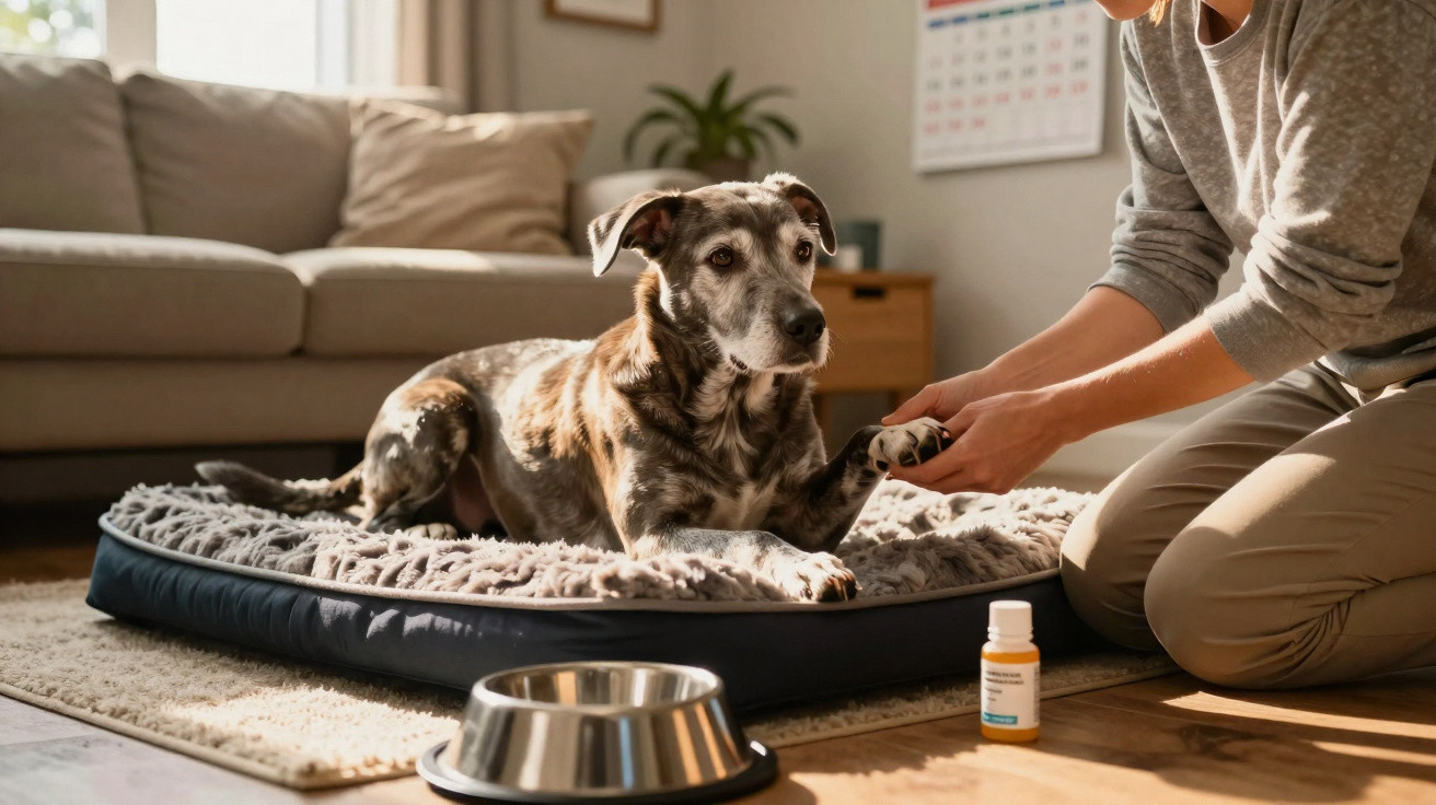 Person giving a paw to a dog lying on a bed with a medicine bottle and bowl nearby in a living room.