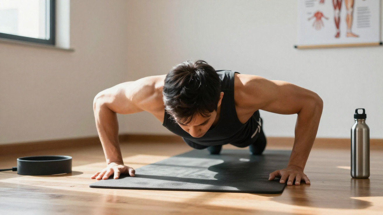Man doing push-ups on a black exercise mat in a sunlit room with a water bottle nearby.