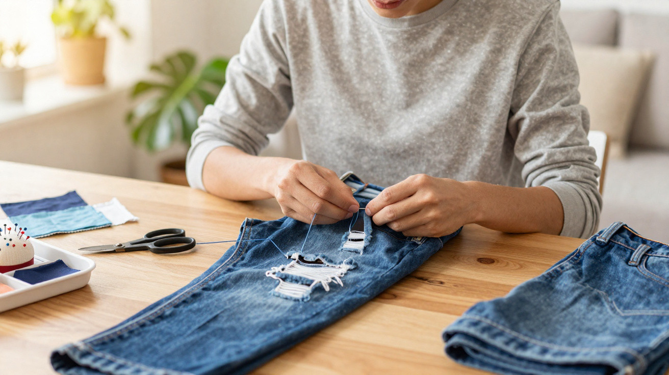 Person hand-sewing patches onto ripped blue denim jeans on a wooden table with sewing tools nearby.