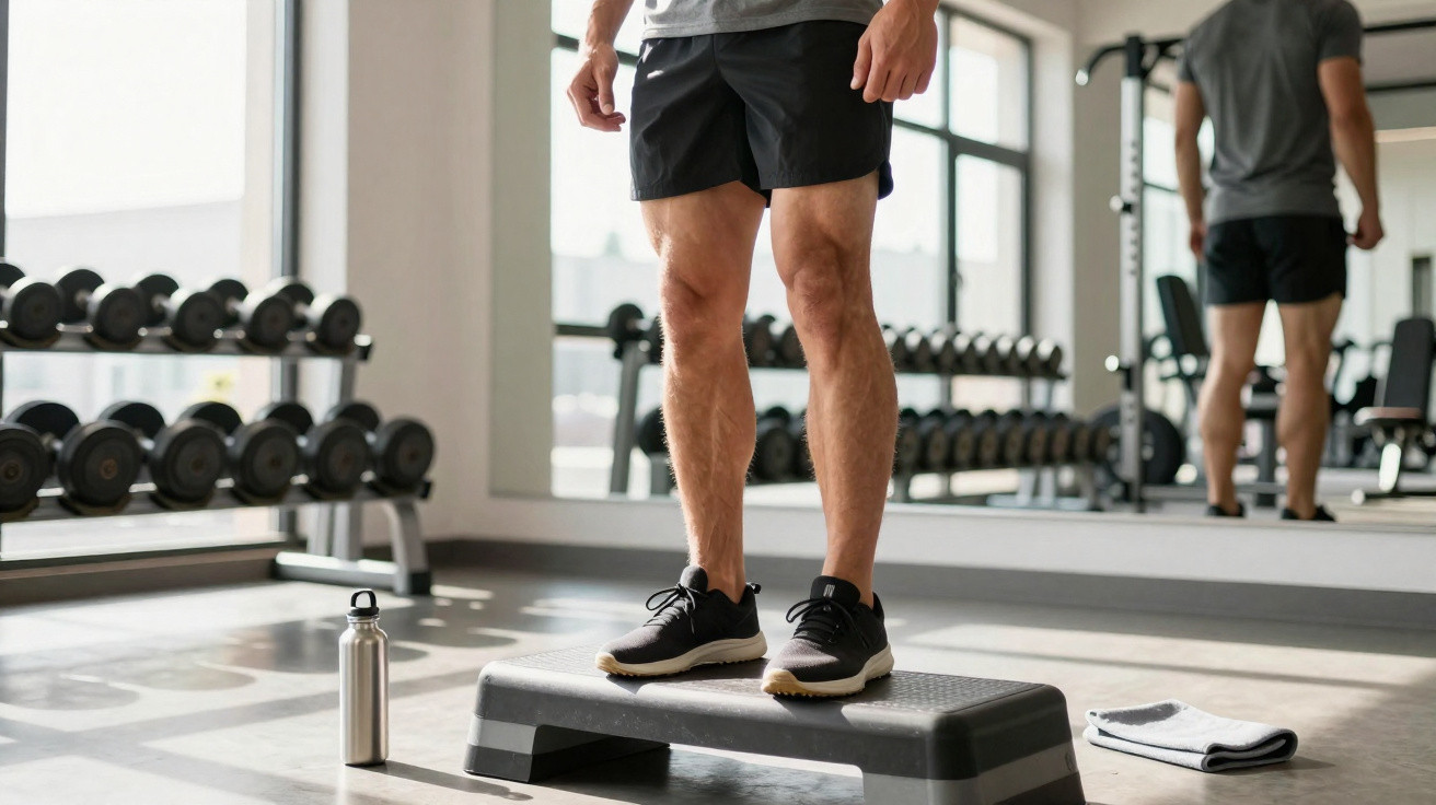Man in black shorts and trainers standing on an exercise step platform in a gym with dumbbells and towel nearby