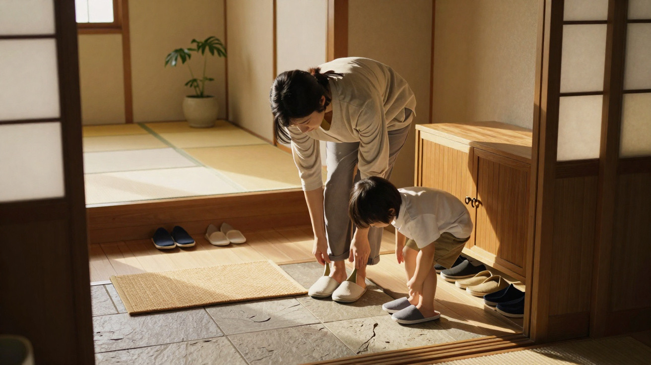 Adult and child putting on slippers in a traditional Japanese home entryway with tatami mats.