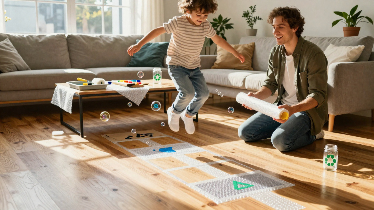 Child jumping on bubble wrap hopscotch while adult blows bubbles in bright living room.