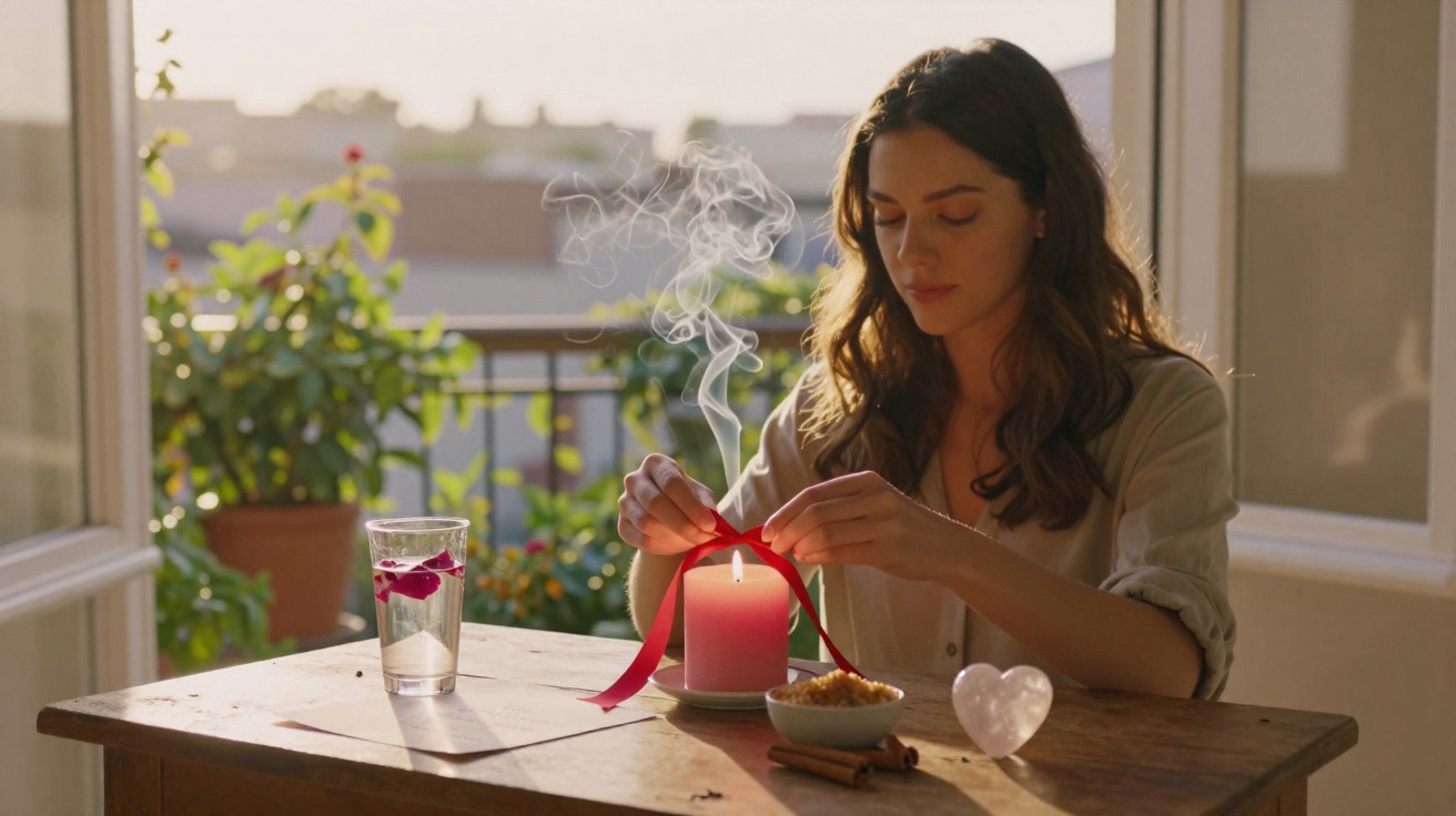 Woman tying a red ribbon around a lit pink candle on a wooden table with crystals and a rose water glass
