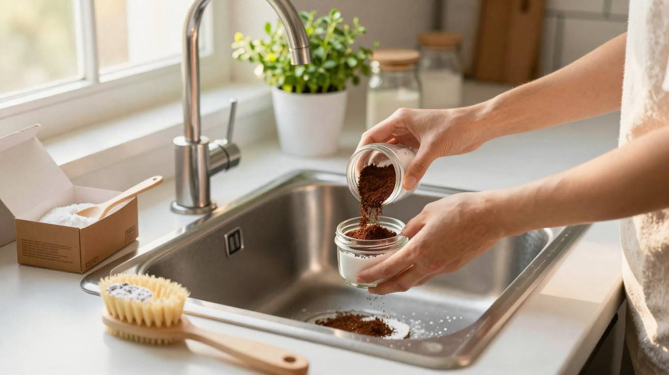 Person pouring coffee grounds into a jar over a kitchen sink with cleaning supplies nearby