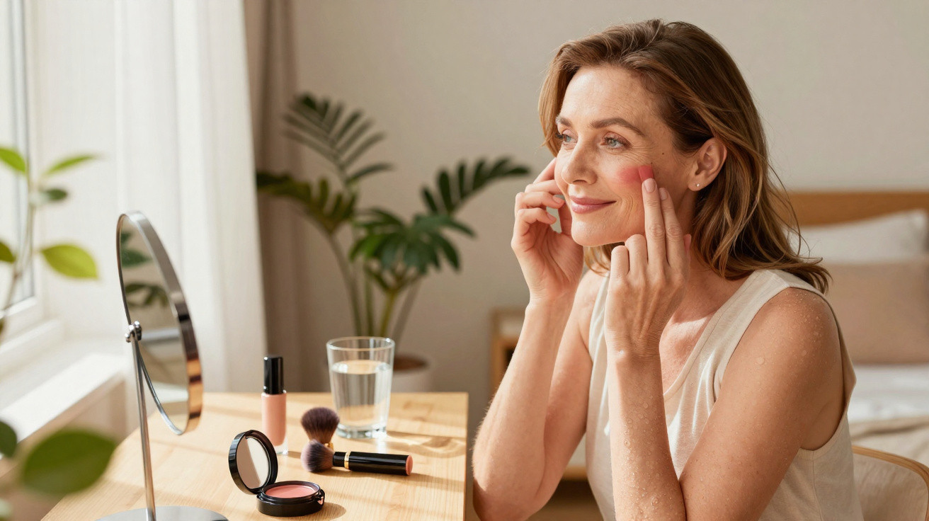 Woman applying blush on her cheeks while sitting at a wooden dressing table with makeup and a mirror.