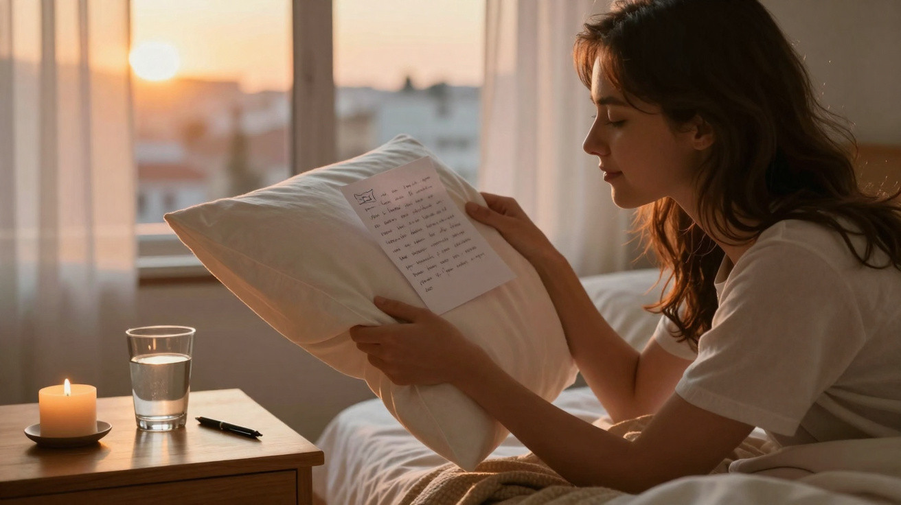 Woman reading a letter attached to a pillow in bed at sunrise with a candle and glass of water nearby.