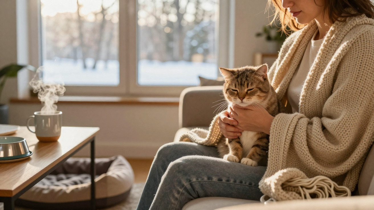 A person in a knitted cardigan sits on a sofa holding a calm tabby cat near a steaming mug on a table.