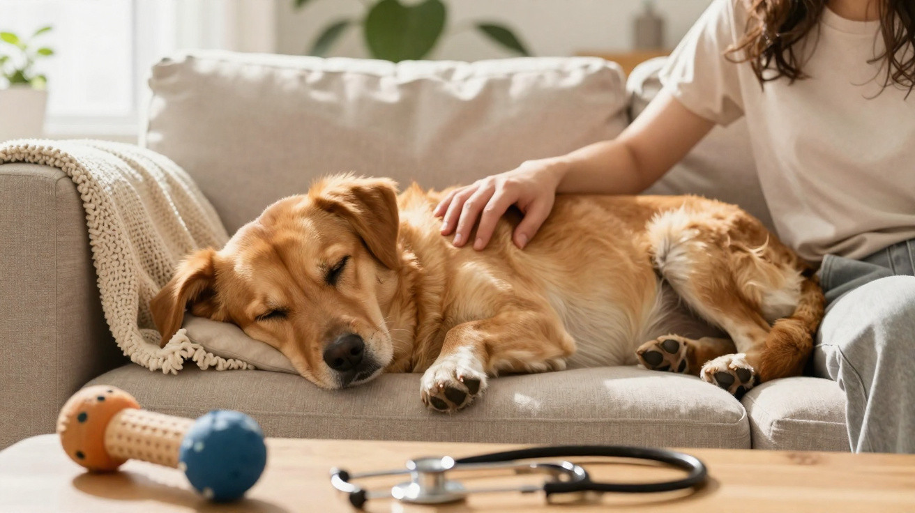 Golden retriever sleeping on a sofa next to a person gently petting it, with a stethoscope on the table.