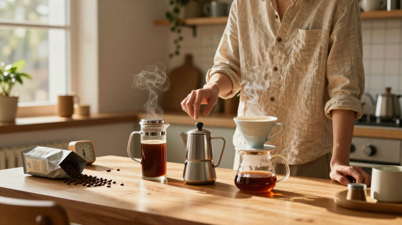 Person brewing fresh coffee using a pour-over setup and stove-top kettle on a wooden kitchen table.