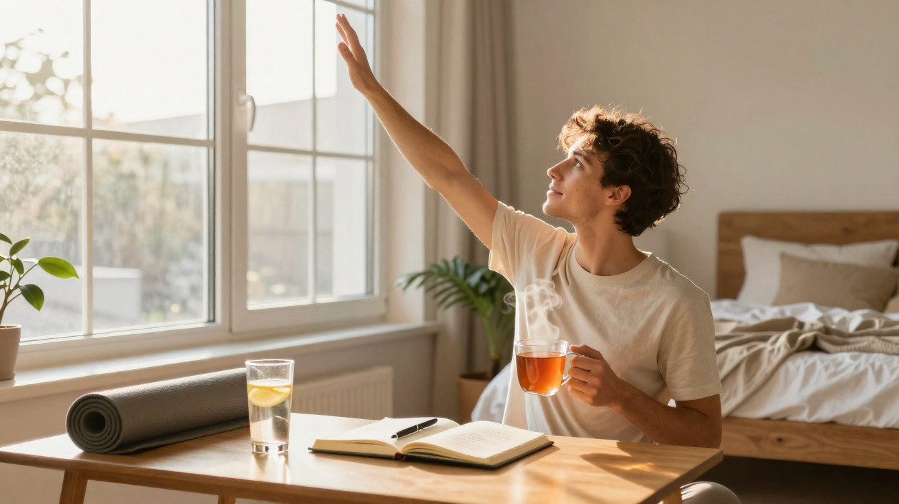 Young man stretching beside a window holding a steaming cup of tea with an open notebook on the table.