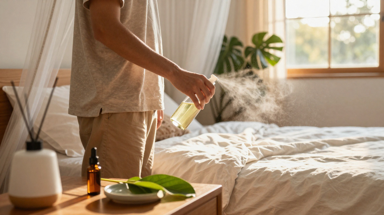 Person spraying a mist onto a made bed in a sunlit bedroom with plants and essential oils nearby.