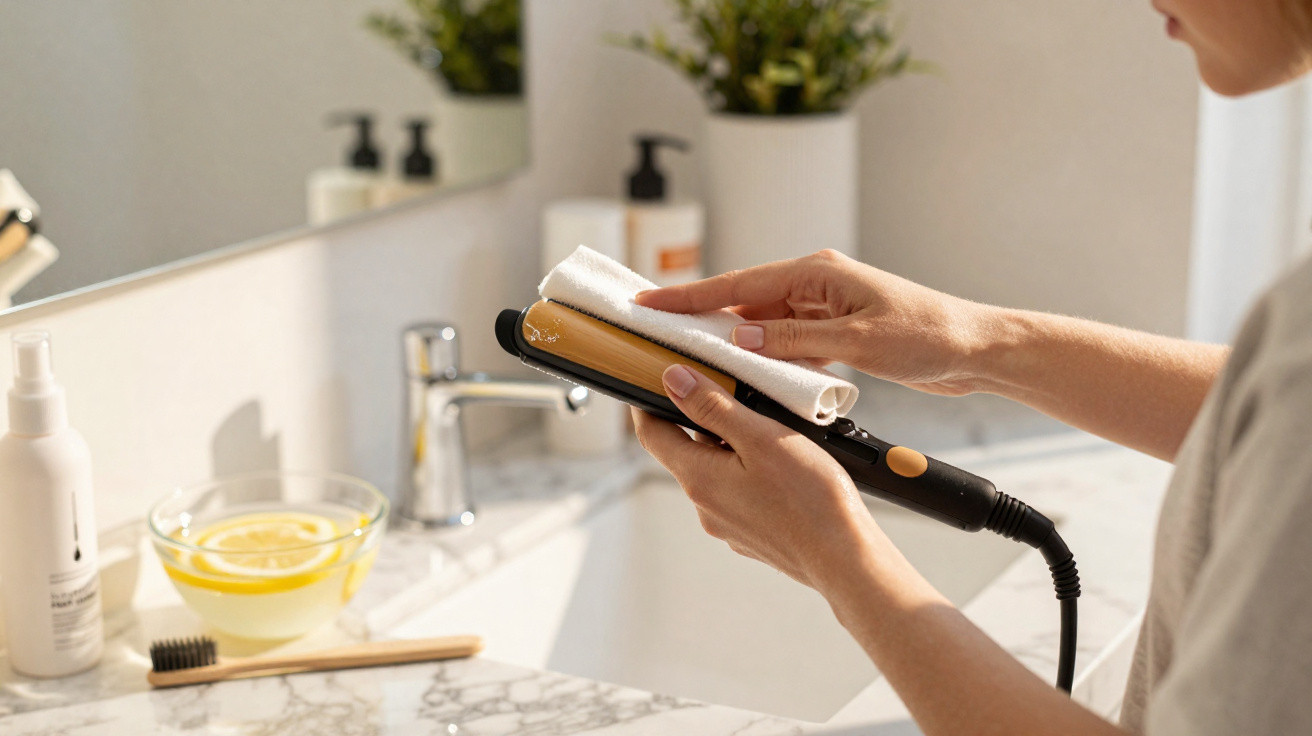 Person cleaning a hair straightener with a white cloth in a bathroom with a marble countertop.