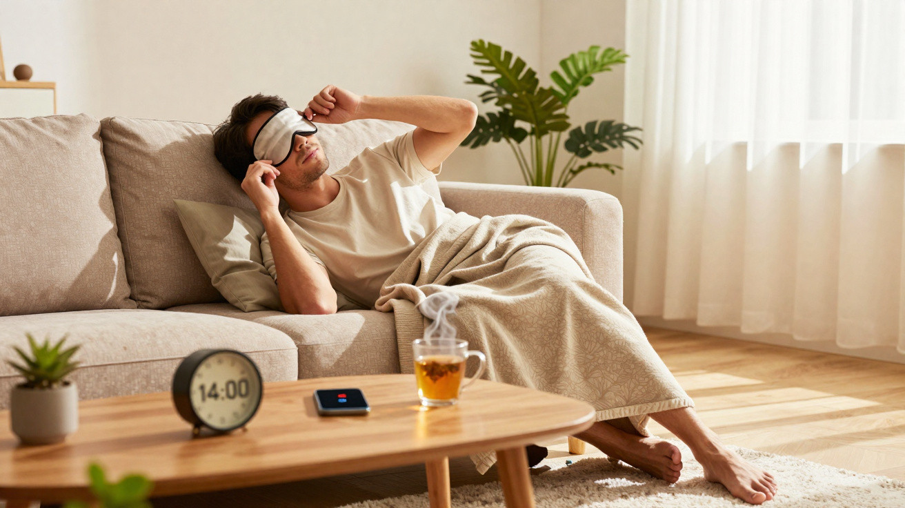 Man wearing a sleep mask relaxing on a beige sofa under a blanket in a sunlit living room.