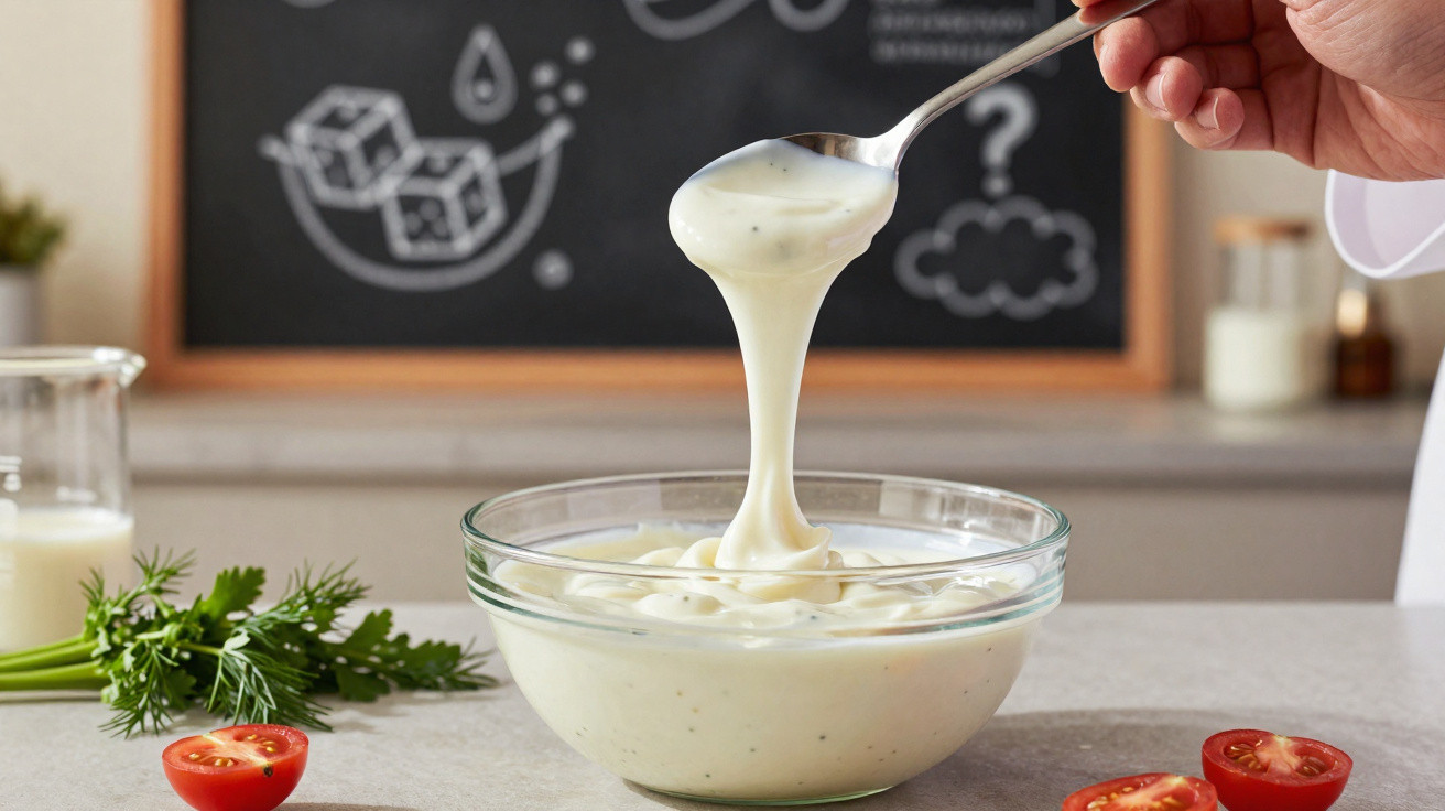 Hand holding a spoon pouring creamy white sauce into a glass bowl with tomatoes and herbs nearby.