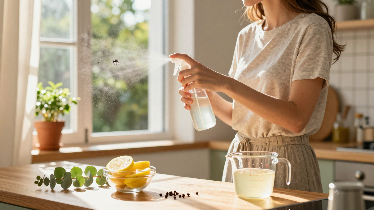 Woman spraying insect spray to kill a flying mosquito in bright kitchen near lemons and lemon juice.