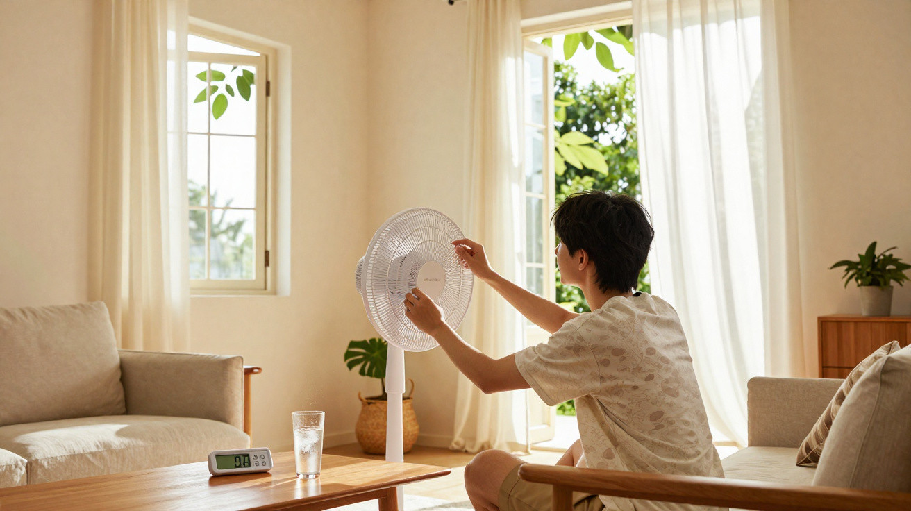 Person adjusting a white standing fan in a sunlit living room with open windows and cosy beige furniture.