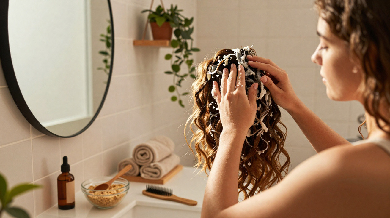 Woman applying conditioner to a curly wig in a bright bathroom with plants and towels on the counter.