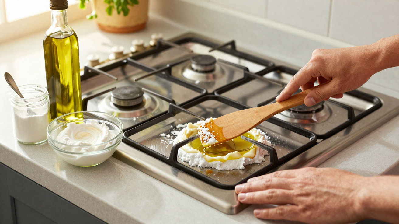 Hands mixing ricotta, olive oil, and seasoning on a gas hob with ingredients on the kitchen counter nearby