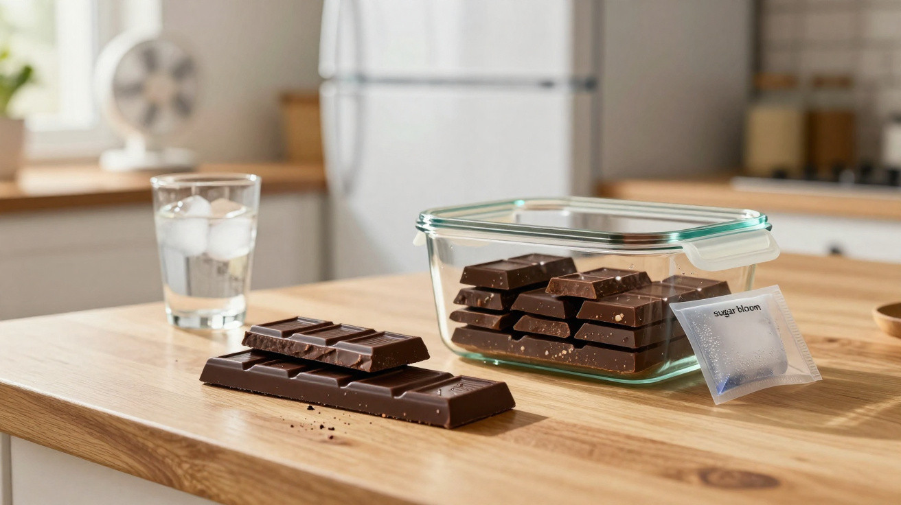 Glass container with stacked chocolate bars beside a glass of ice water and a sugar bloom packet on wooden table.