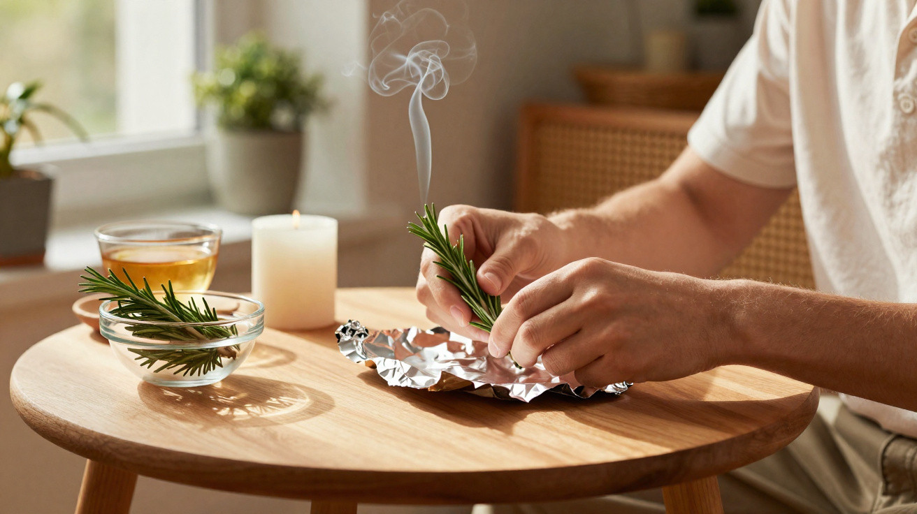 Person holding burning rosemary over foil on a wooden table with tea and candle nearby in natural light.