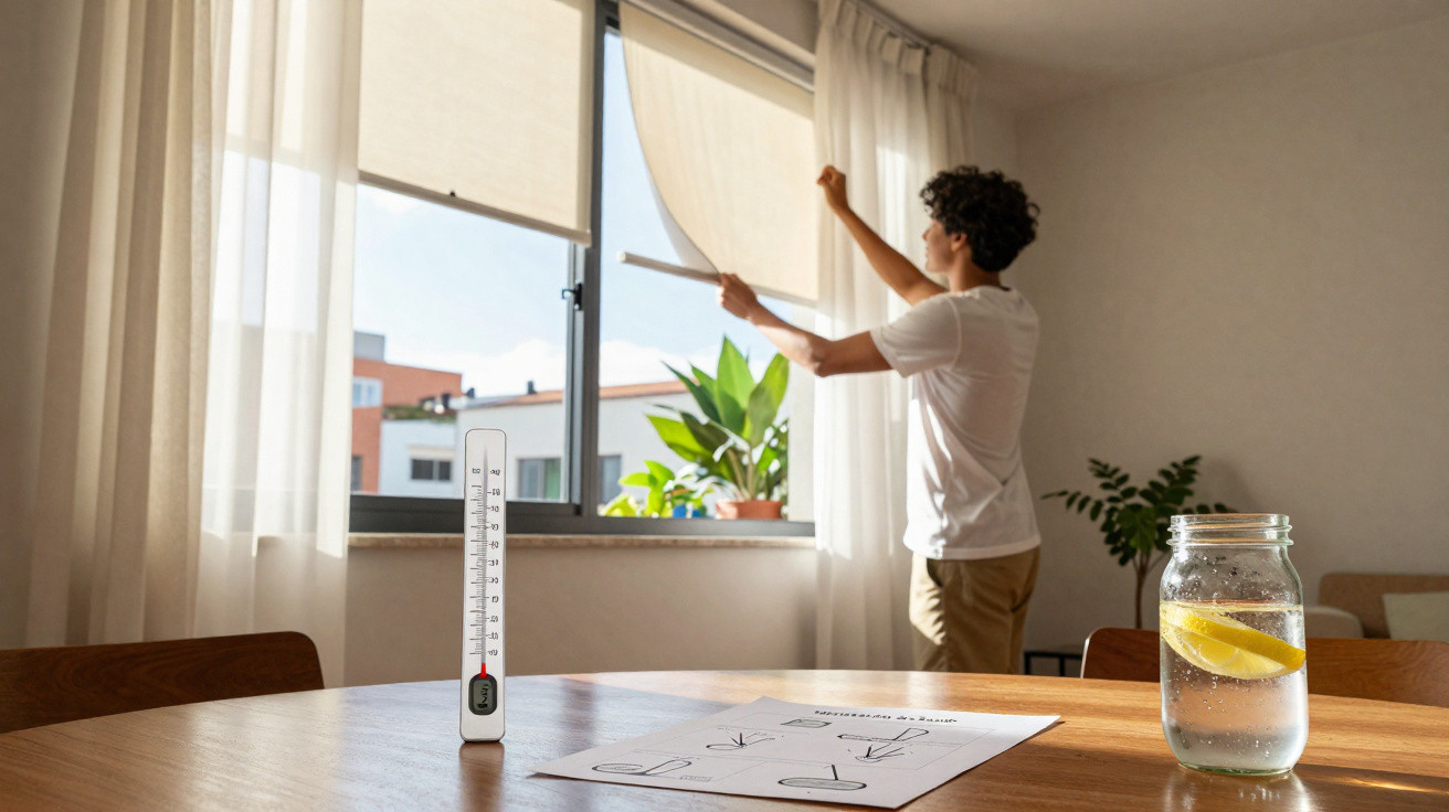 Young man opening window blinds in sunlit room with thermometer, plant, paper, and jar of lemon water on table