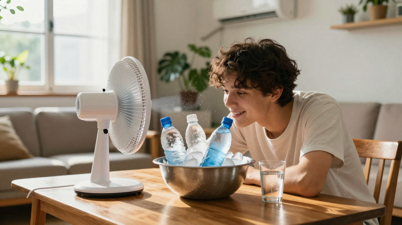 Young man cooling water bottles with a fan on a wooden table in a bright living room