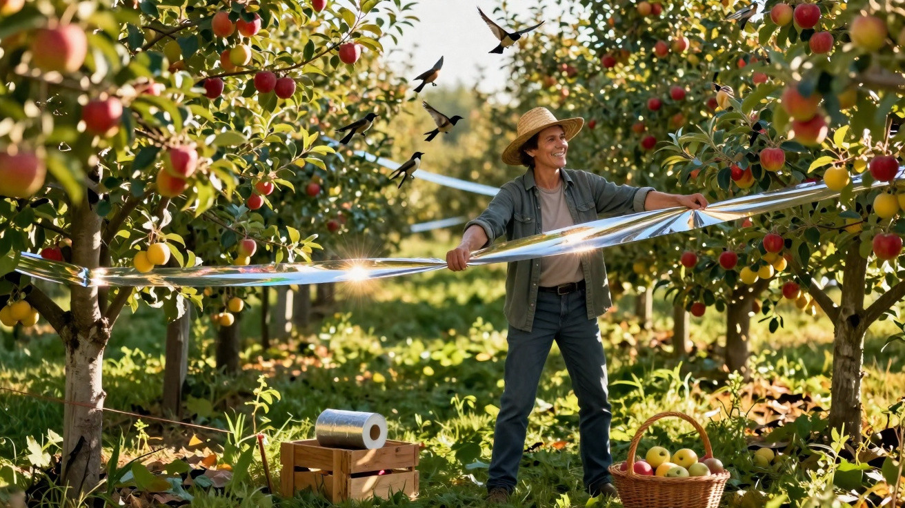 Farmer in a straw hat spreading reflective tape in an apple orchard to deter birds from the fruit trees.