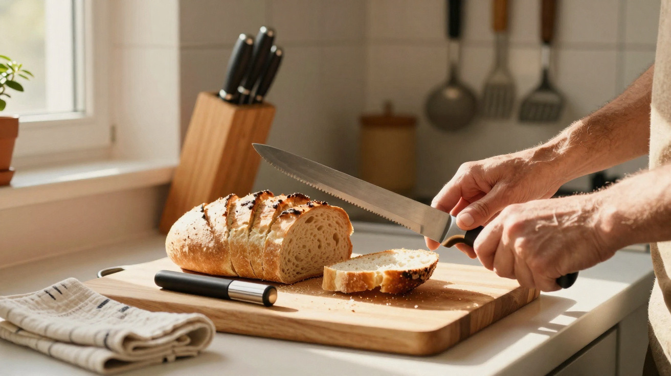 Person slicing a loaf of bread on a wooden chopping board in a bright kitchen.