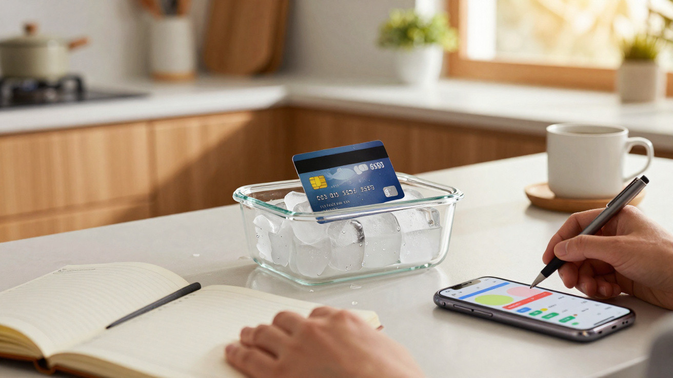 Credit card frozen in ice cubes in a glass container on a kitchen counter next to a phone and notebook.